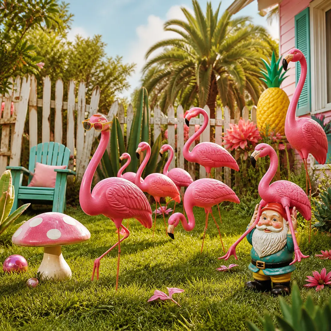 A front yard filled with pink flamingo ornaments, a gnome, and oversized mushrooms